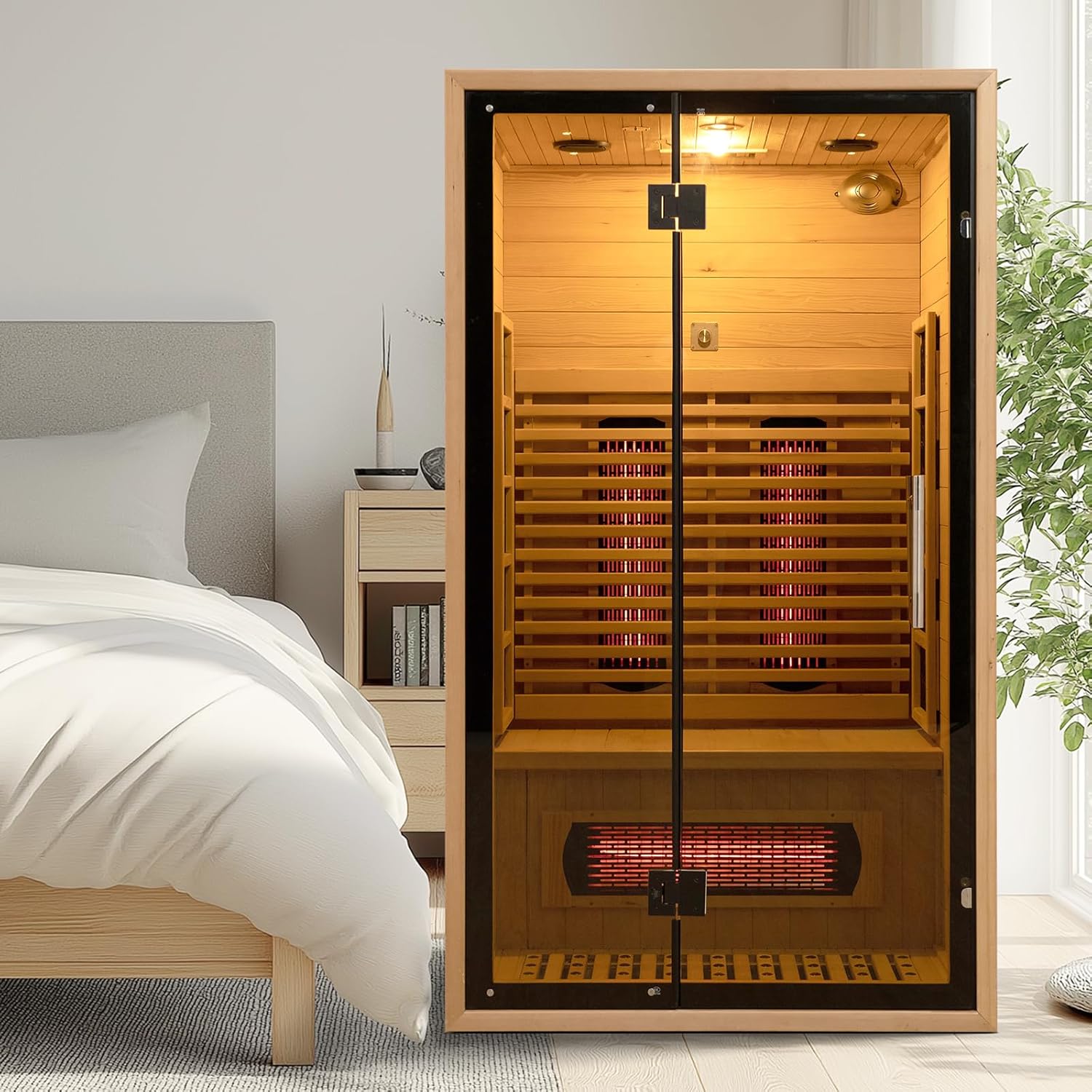 2 Person Red Light Far Infrared Sauna for Home 1750W/110V Canadian Hemlock Dry Indoor Saunas with LCD Panel Control Bluetooth Speaker Panoramic Tempered Glass