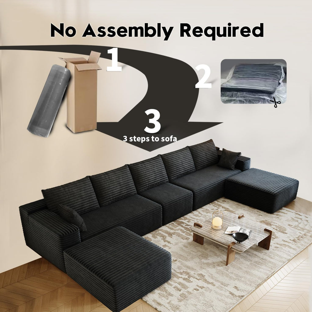 168.5" Modular Sectional Sofa, Oversized U-Shaped Minimalist Couches with 1 Middle Seat and 2 Ottomans Chaise, Modern Deep Seat Convertible Sleeper Sofa, Cloud Plush Corduroy Fabric,7 Seater, Black
