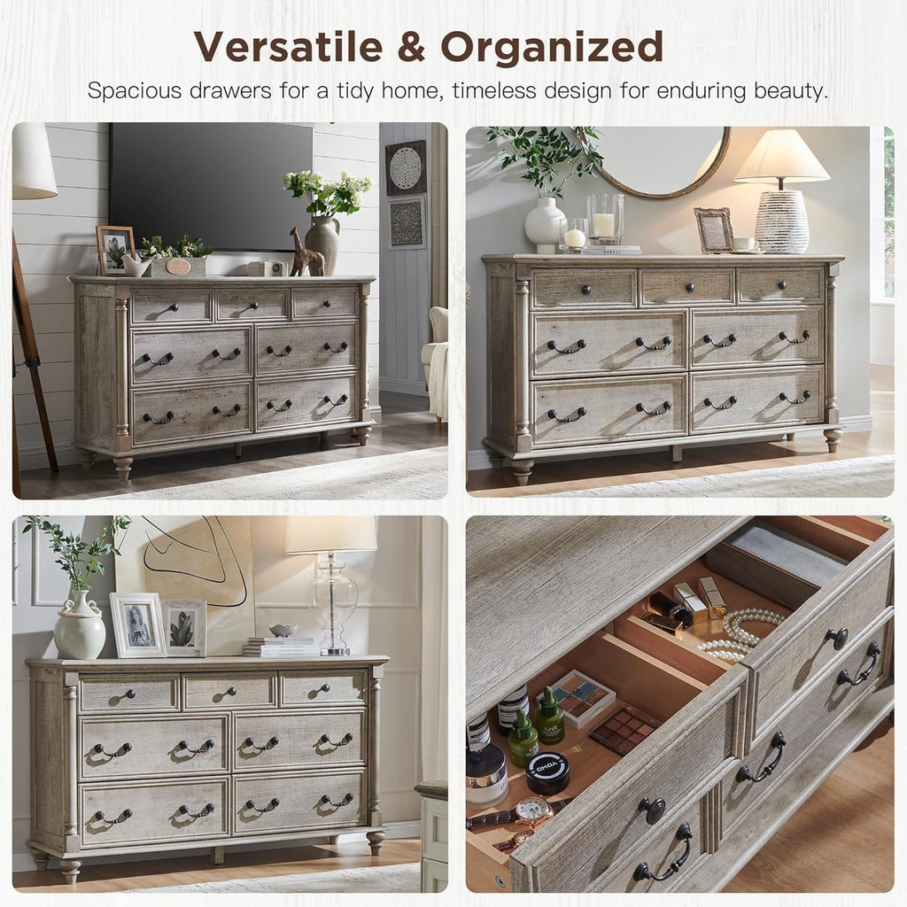 T4TREAM Farmhouse 7 Drawers Dresser Chests for Bedroom w/ 4 Column Solid Wood Feet, Tall Wide Wood Country Rustic Chest of Drawers, Storage Dressers for Bedroom, Living Room, Light Rustic Oak
