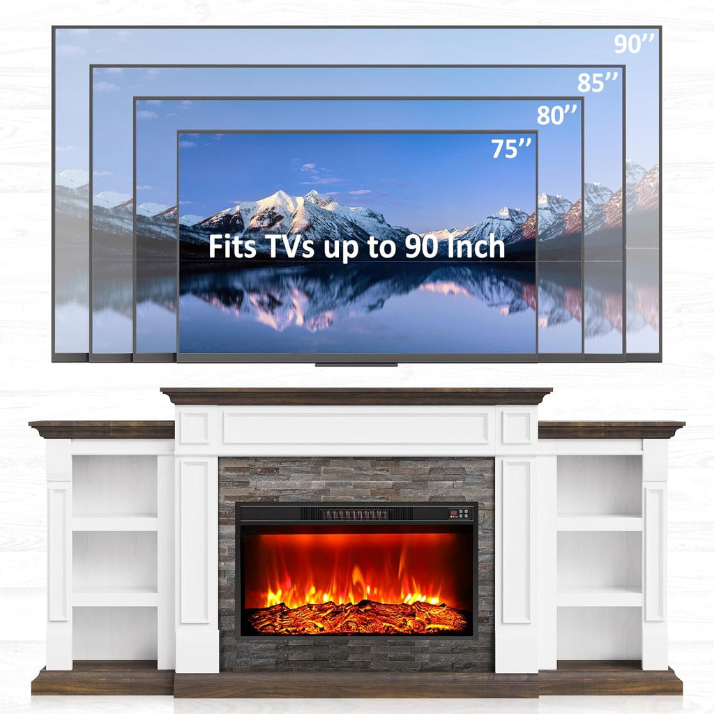 Naice 80" Electric Fireplace with Mantel and Cabinets, Fireplace TV Stand for Living Room Bedroom, Stacked Stone Surround and Remote Control 3D Realistic Flame, White&Brown
