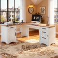 L Shaped Farmhouse Executive Desk with Drawers, 67" Home Office Desks with Fast Charging Station, Lockable File Cabinet, Wood Writing Computer Desk for Work, Study, White