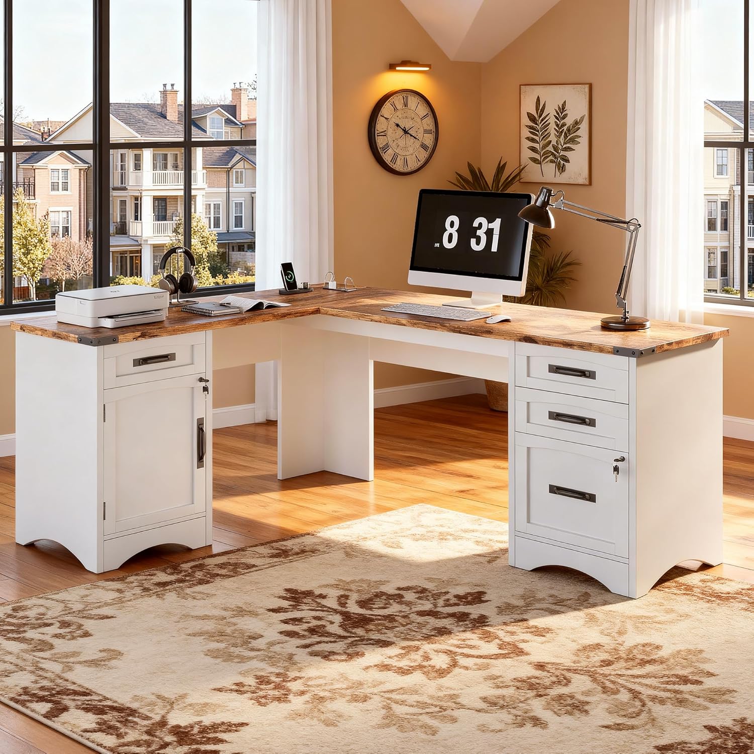 L Shaped Farmhouse Executive Desk with Drawers, 67" Home Office Desks with Fast Charging Station, Lockable File Cabinet, Wood Writing Computer Desk for Work, Study, White