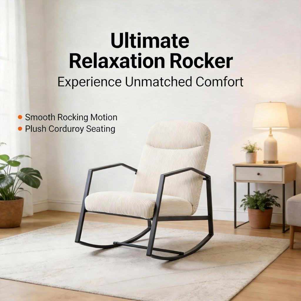 Kinfant Mid Century Modern Rocking Chair, Corduroy Upholstered Accent Chair with Metal Frame, High Back Nursery Glider Rocker, Comfy Reading Lounge Chair for Living Room Bedroom Small Space (Beige)