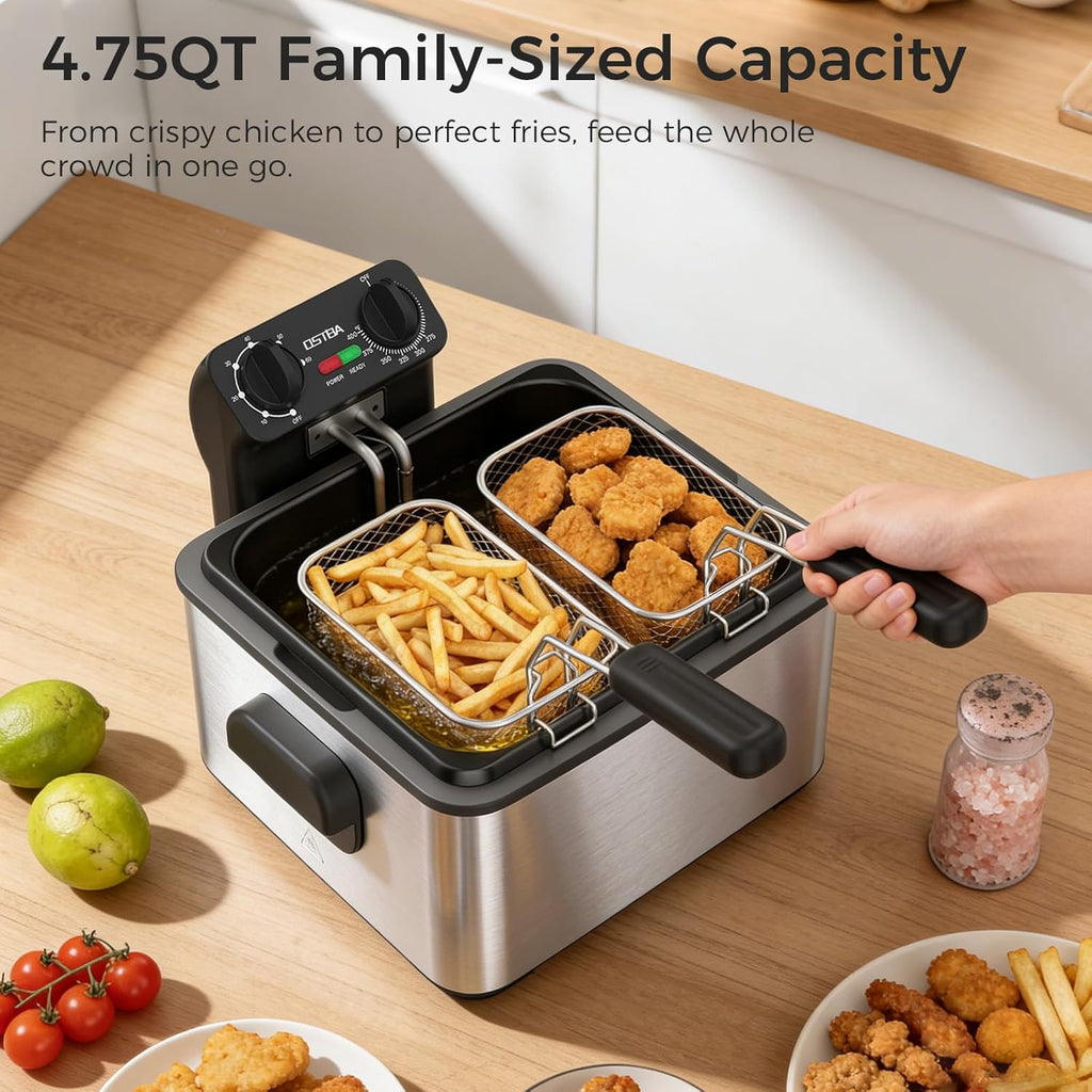 OSTBA Electric Deep Fryer with 3 Baskets, 1700W Stainless Steel Oil Fryer, 4.75QT Countertop Fryer with Adjustable Temperature, Viewing Window, Odor Filter & Removable Oil Container