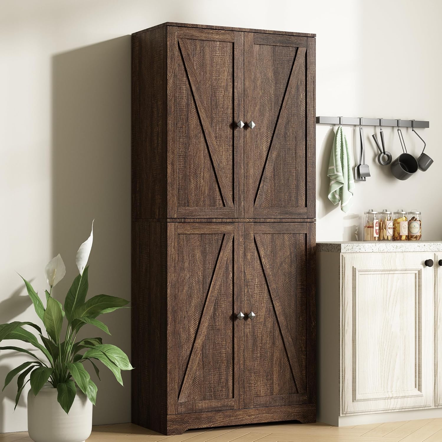 LYNSOM Farmhouse Storage Cabinet Set of 2, 72" Tall Kitchen Pantry Cabinet with 4 Barn Doors and Adjustable Shelves, Freestanding Storage Cabinets for Kitchen, Brown
