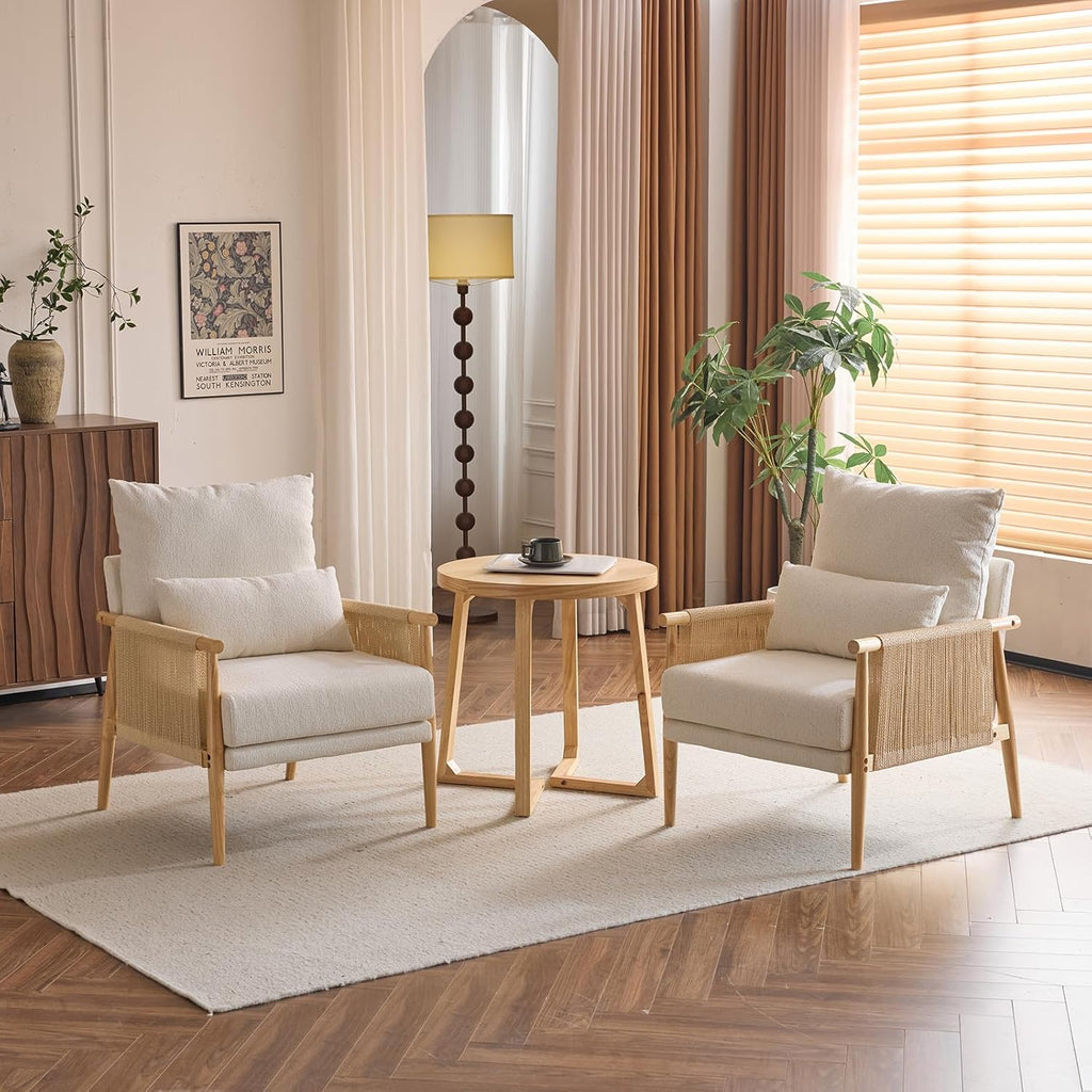 Karl home Cozy Chenille Accent Chair with Lumbar Pillow & Rattan Arms Modern Lounge Chair for Living Room, Bedroom, Reading Nook, Beige