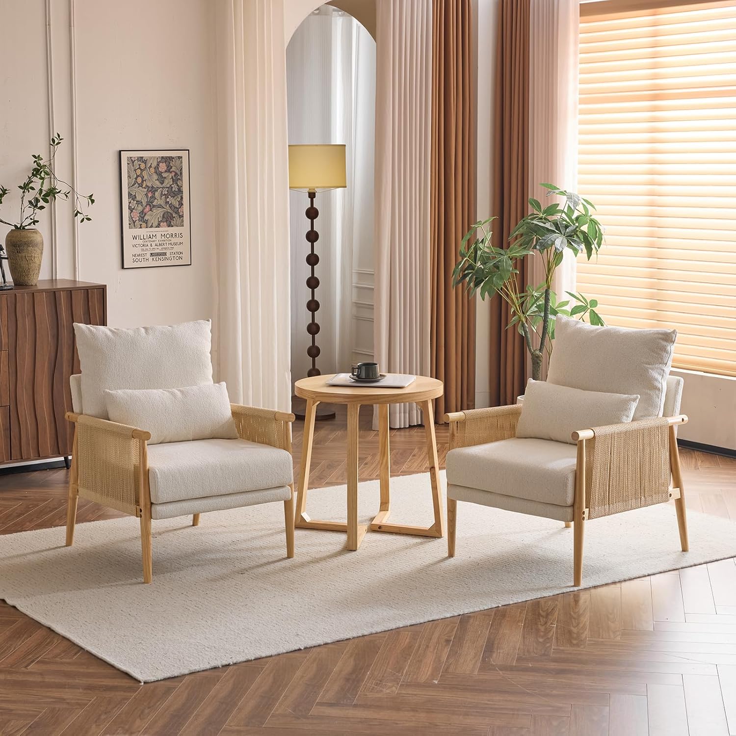 Karl home Cozy Chenille Accent Chair with Lumbar Pillow & Rattan Arms Modern Lounge Chair for Living Room, Bedroom, Reading Nook, Beige