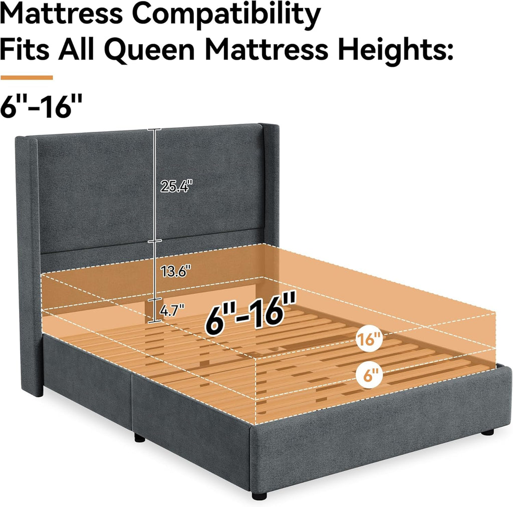 Queen Bed Frame, Upholstered Platform Bed with 55.5" Tall Wingback Headboard, Solid Wooden Slats, Noise-Free Mattress Foundation, No Box Spring Needed, Easy Assembly, Grey