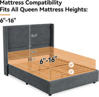 Queen Bed Frame, Upholstered Platform Bed with 55.5" Tall Wingback Headboard, Solid Wooden Slats, Noise-Free Mattress Foundation, No Box Spring Needed, Easy Assembly, Grey