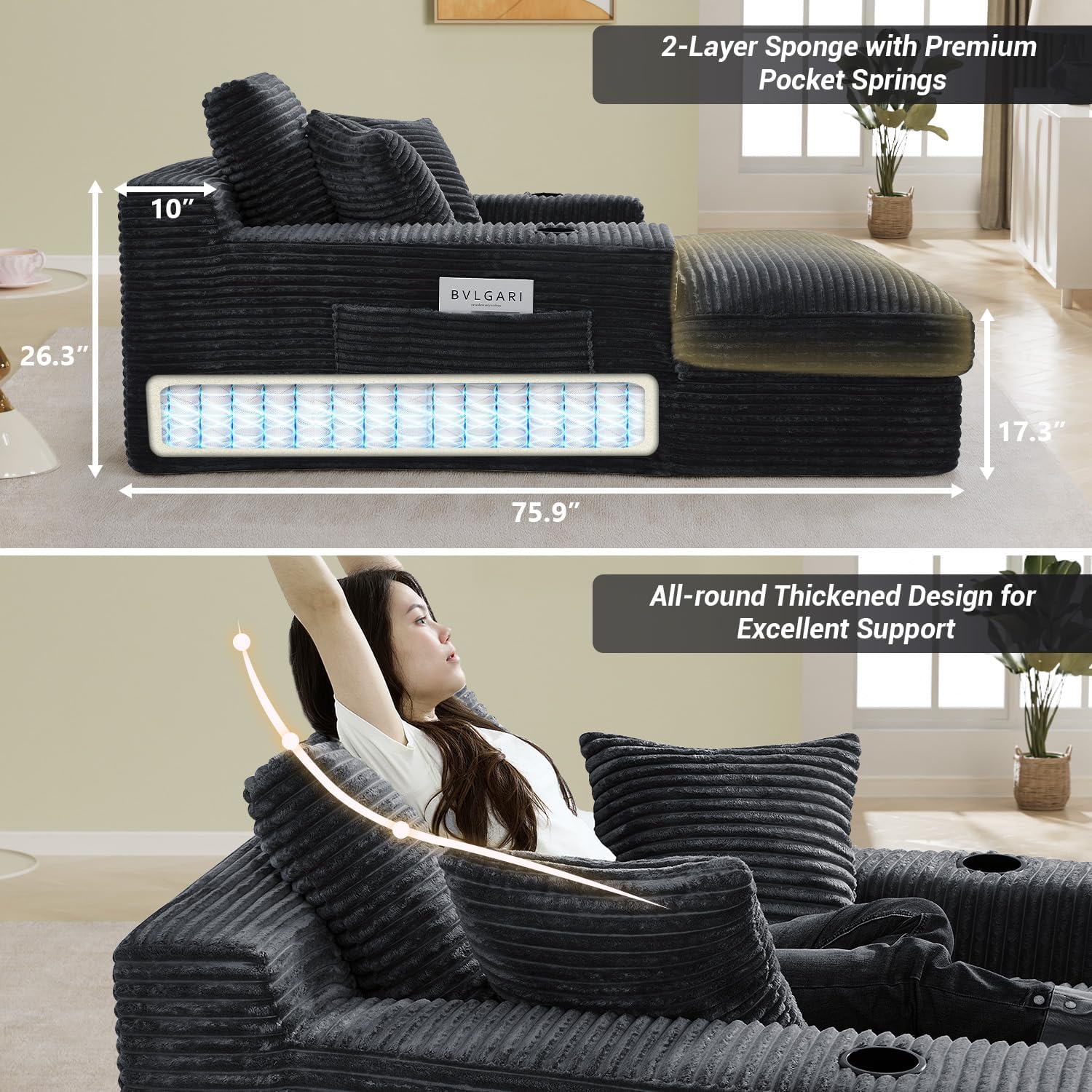 49.6"W x 75.9"D Super Oversized Chaise Lounge Chair Indoor Boneless Reading Chair Corduroy Recliner Deep Seat Sleeper Fluffy Comfy Sofa Bed Couch with Cup Holders for Living Room Bedroom, Dark Gray