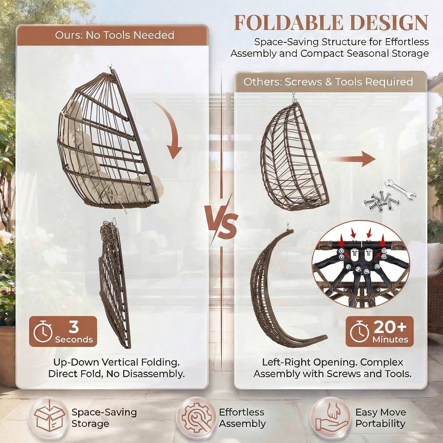 NICESOUL Egg Chair with Stand Indoor Outdoor, Patio Wicker Hanging Chair with Cushion, Swing Hammock Egg Shell Chairs, 350lbs Capacity Swinging Chair for Backyard, Balcony or Porch, Brown with Cover
