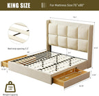 PINJU King Size Bed Frame with Storage Drawers with Linen Upholstery, Extra High Headboard, Wooden Slat Support, No Noise, Easy to Assemble (Cream, King (U.S. Standard))