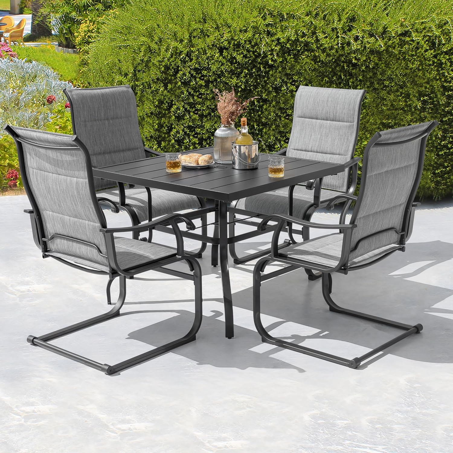 NUU GARDEN 37" Outdoor Patio Table, 4 Person Steel Slat Square Dining Table with 1.57" Umbrella Hole, Slatted Top and Powder Coated Iron Frame for Patio, Garden and Balcony, Black