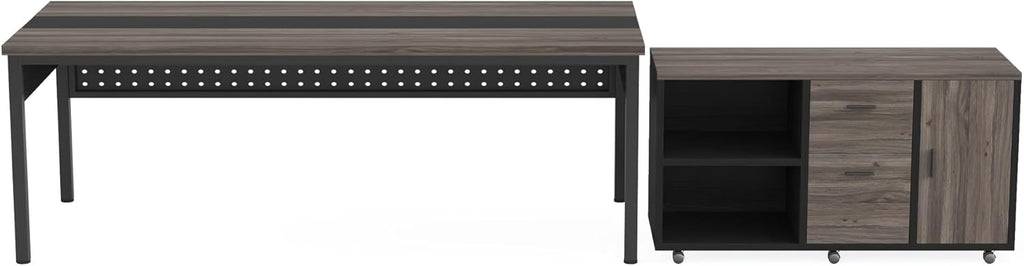 LITTLE TREE 70.8" Executive Desk with Lateral File Cabinet, Modern Thickened Wooden Workstation L-Shaped Computer Desk Large Home Office Writing Desk for Home Office