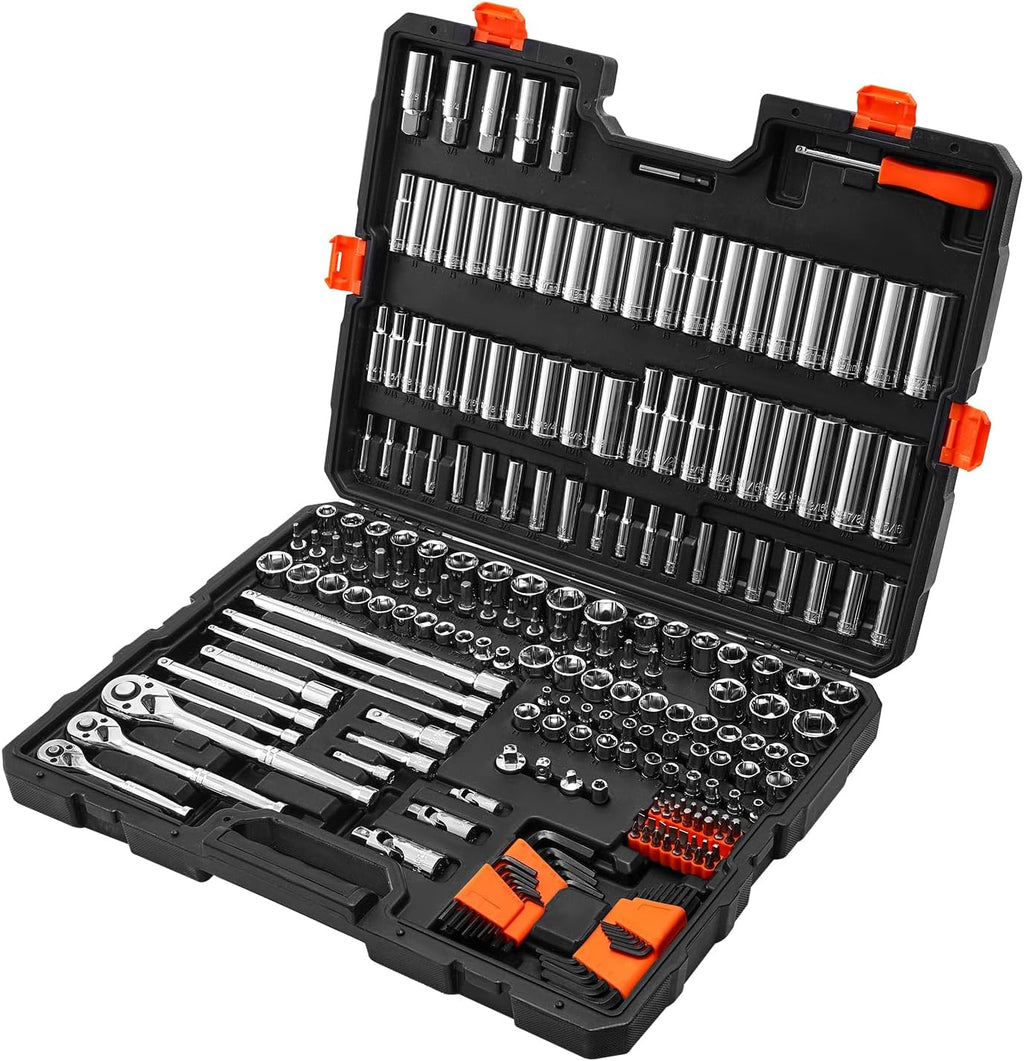 VEVOR Socket Set, 225 Pieces, 3/8 & 1/4 & 1/2 inch Drive Socket and Ratchet Set, SAE and Metric, Deep and Shallow, Mechanic Tool Kit with Bits, Accessories, Storage Case, CR-V Alloy Steel, for Repair