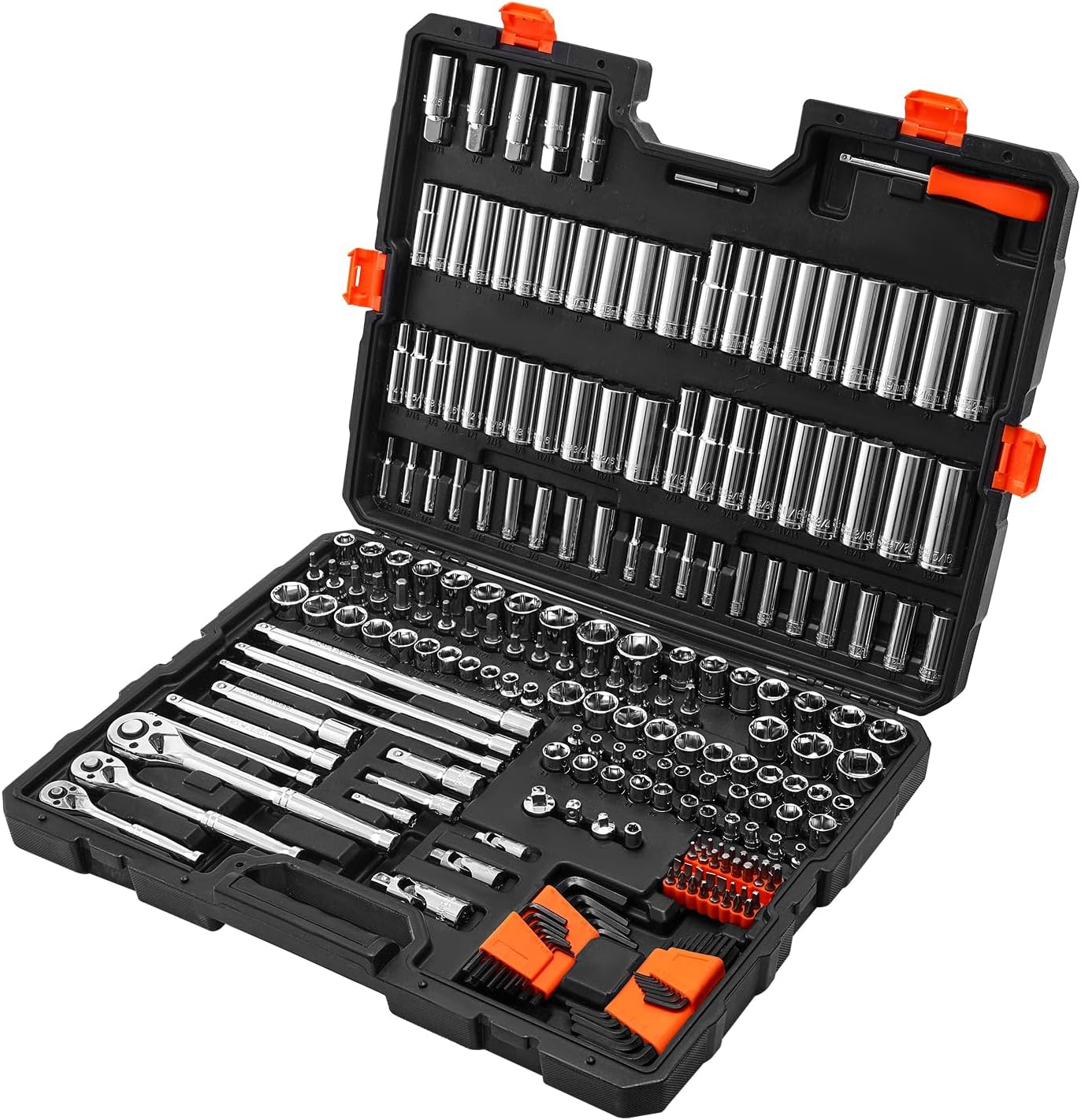 VEVOR Socket Set, 225 Pieces, 3/8 & 1/4 & 1/2 inch Drive Socket and Ratchet Set, SAE and Metric, Deep and Shallow, Mechanic Tool Kit with Bits, Accessories, Storage Case, CR-V Alloy Steel, for Repair