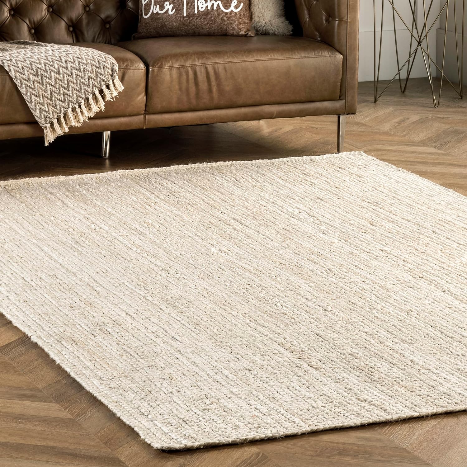 nuLOOM 8 Round Rigo Jute Hand Woven Area Rug, Off White, Solid Farmhouse Design, Natural Fiber, For Bedroom, Living Room, Dining Room, Hallway, Office, Kitchen, Entryway