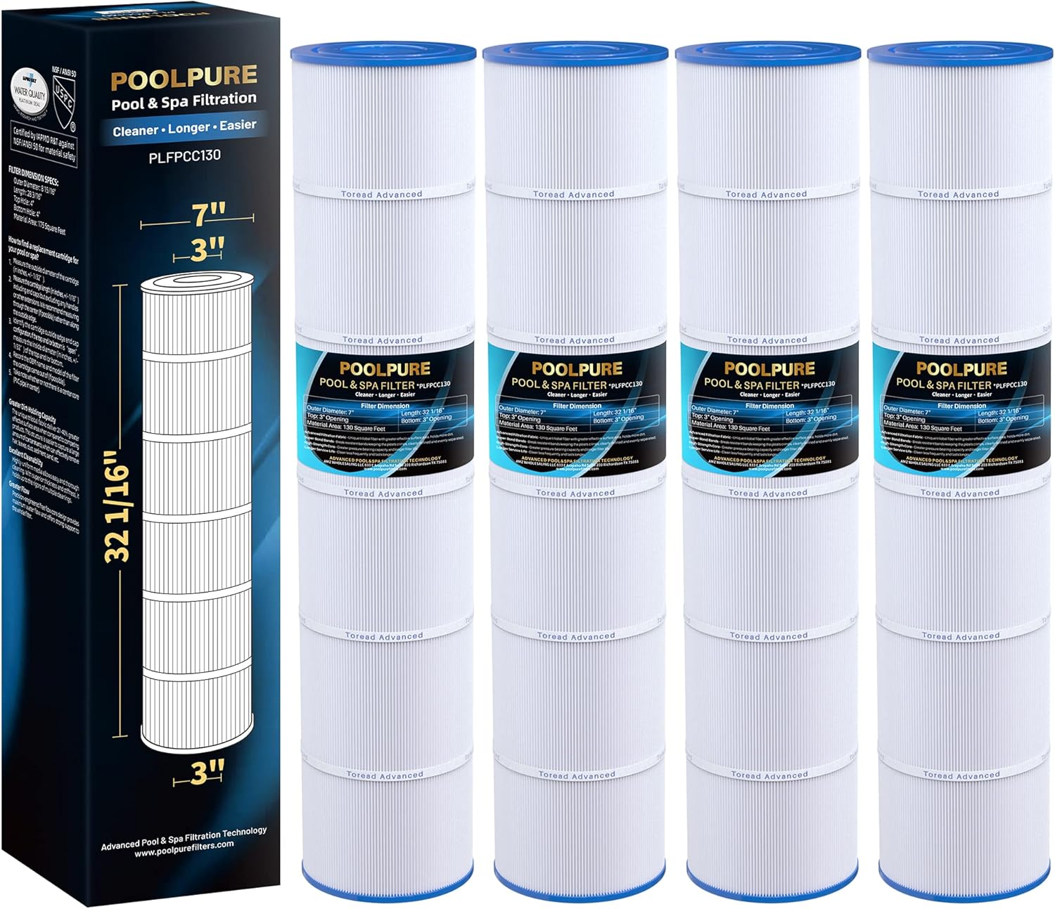 POOLPURE PLFPCC130 Pool Filter Replaces Pentair CCP520  R173578  PCC130  Ultral-A7  Unicel C-7472  Filbur FC-1978  FC-6475  Pentair Clean and Clear Plus 520  817-0131  178585  L x OD: 32 1/16"x7"