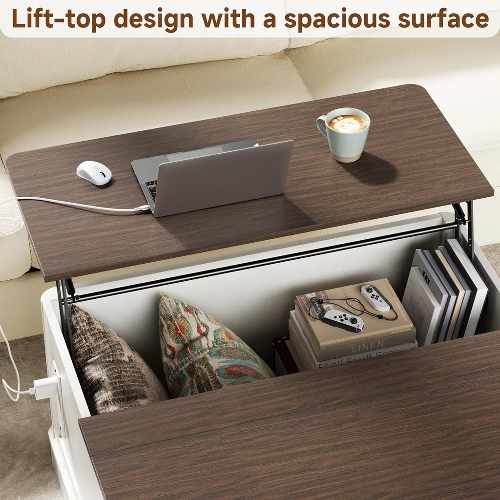 35" Farmhouse Lift Top Coffee Table, Wood Square Center Table with Charging Station, Rounded Edge Table with Hidden Storage, for Living Room, Bedroom, Office, AC, USB Output, White Walnut