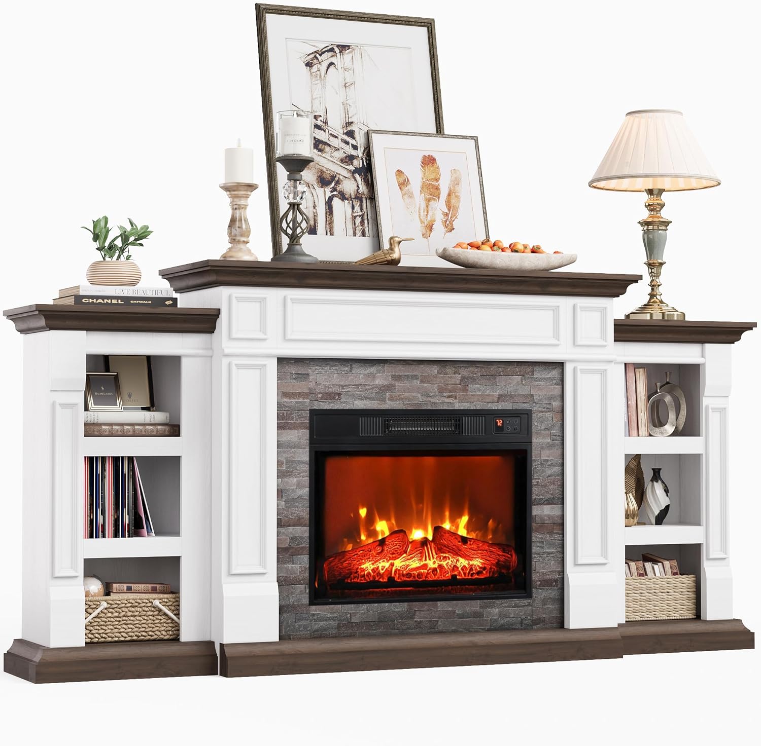 Naice 72" Electric Fireplace with Mantel and Cabinets, Fireplace TV Stand for Living Room Bedroom, Stacked Stone Surround and Remote Control 3D Realistic Flame