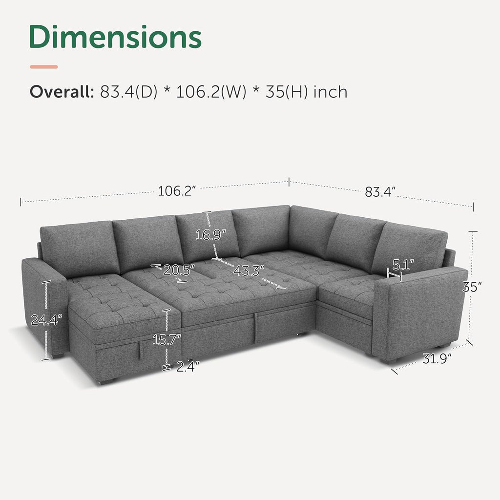 HONBAY Modular Sectional Sleeper Sofa with Pull Out Bed, Convertible L Shaped Couch with Storage Seat, Sectional Couches for Living Room,Grey