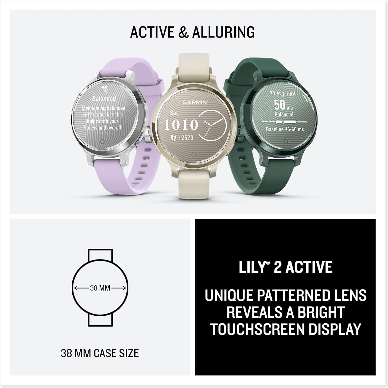 Garmin Lily® 2 Active  Small and Stylish Smartwatch  Built-in GPS  Hidden Display  Patterned Lens  Up to 9 Days Battery Life  Lunar Gold with Bone Silicone Band