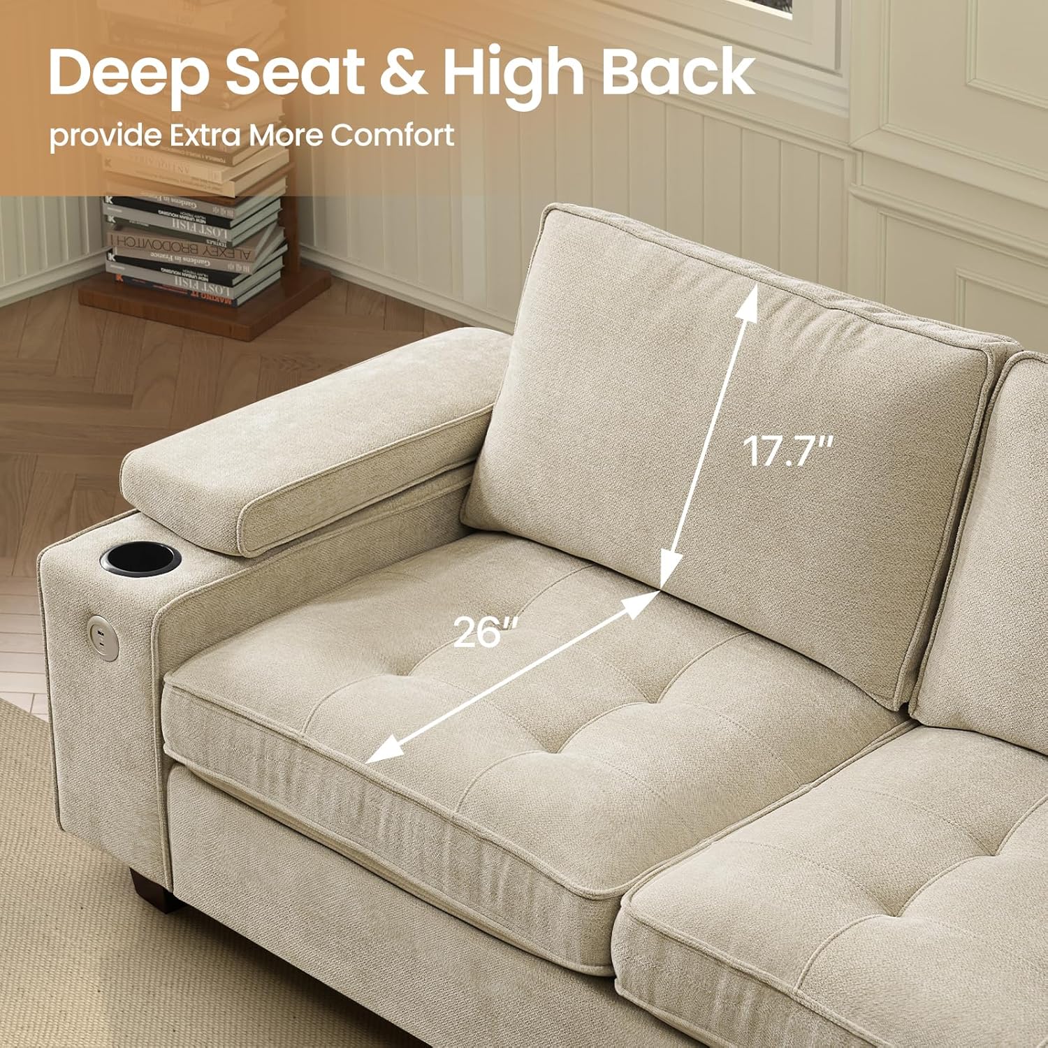 74" Loveseat Couch for Living Room, Modern Chenille Upholstered Sofa with Adjustable Armrest,Storage,Cup Holders,USB & Type-C Ports,Solid Wood 2-Seater Loveseat Sofa for Apartment(Beige)