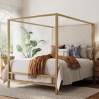 Merax King Size Gold Metal Canopy Bed Frame, Modern Upholstered Linen Headboard with Tall Back Support, 800 lbs Weight Capacity, Luxurious 4-Poster Bedroom Furniture for Modern Home, Gold+Tan