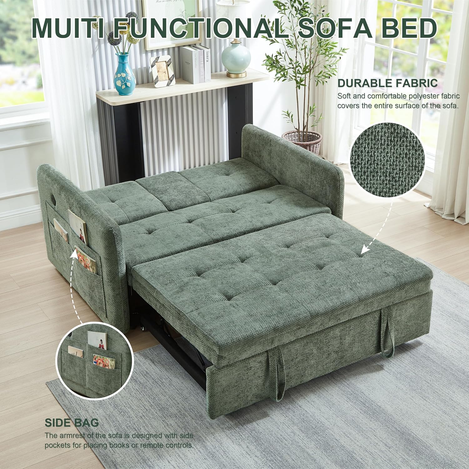 57.48" Convertible Sofa Bed with Cup Holder, Pull Out Sleeper Sofa Bed with USB Charging Ports, 3 in 1 Convertible Sleeper Sofa Bed for Living Room, Apartment, Bedroom, RV, Green