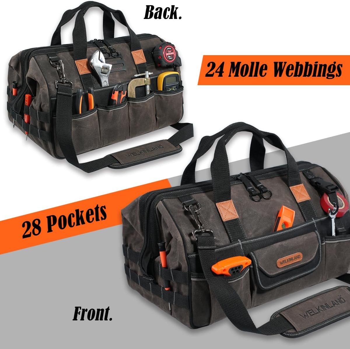 WELKINLAND 18 Inch Waxed Canvas Tool Bag, Heavy-Duty Electrical Tool Bag, Large-Opening 28-Pocket Tools Bag, 36L Tool Bags For Men, Quick-Access HVAC Tools Bags