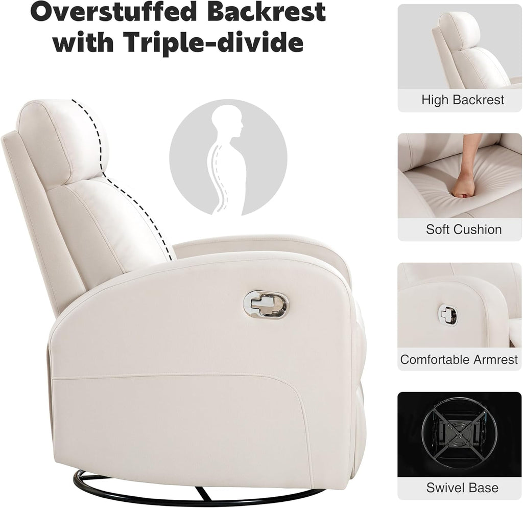 Swivel Rocker Recliner Chair, Manual Faux Leather Recliner, Glider Rocking Recliners 360°Swivel Nursery Reclining Chairs with Adjustable Headrest Highback for Living Room, Cream