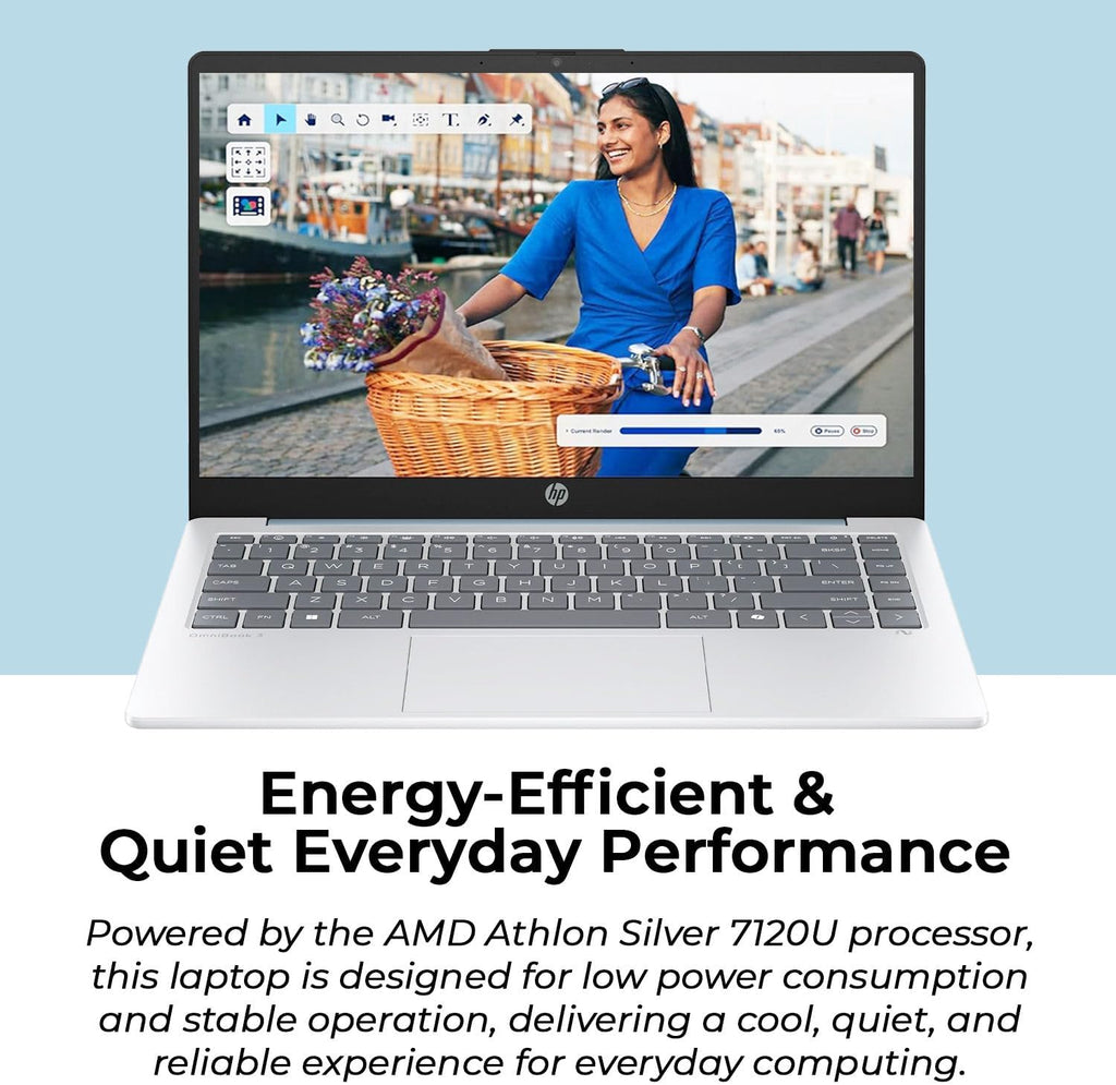 HP 14" Moonlight Blue Laptop with Office 365  AMD CPU  4GB DDR5 On-Board RAM  1.1TB Storage (128GB SSD and 1TB OneDrive)  HD Display  Windows 11  Energy-Efficient & Quiet Performance