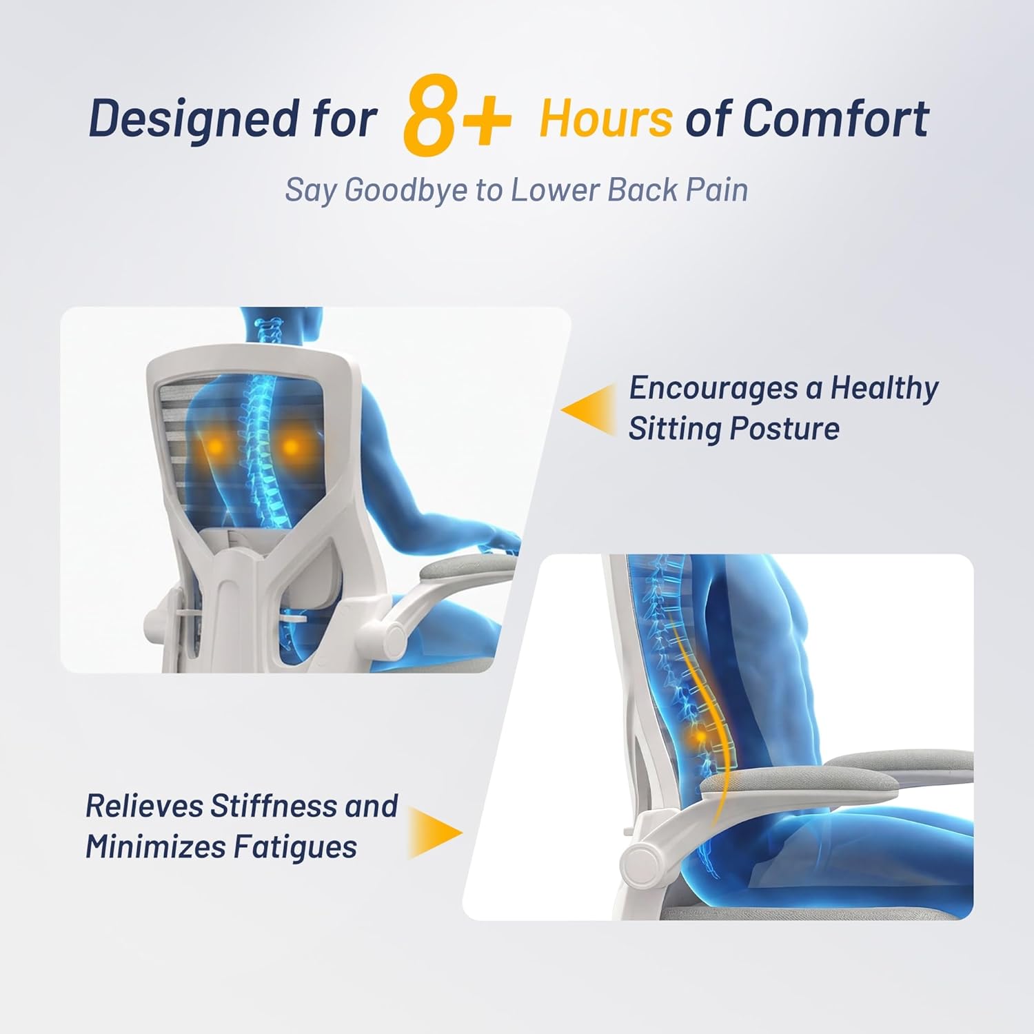 Office Chair for Long Hours & Back Pain Relief – 4" Thick Molded Foam Cushion, Padded Lumbar Support and Flip-up Armrests, Ideal for Office or Study, Light Gray