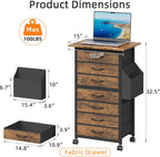 HIGDBFE 7 Fabric Drawers File Cabinet with Side Pocket, Rolling Printer Stand with Storage for Home Office, Wood Top Storage Cabinet for Documents and Crafts, Rustic Brown, 15" D