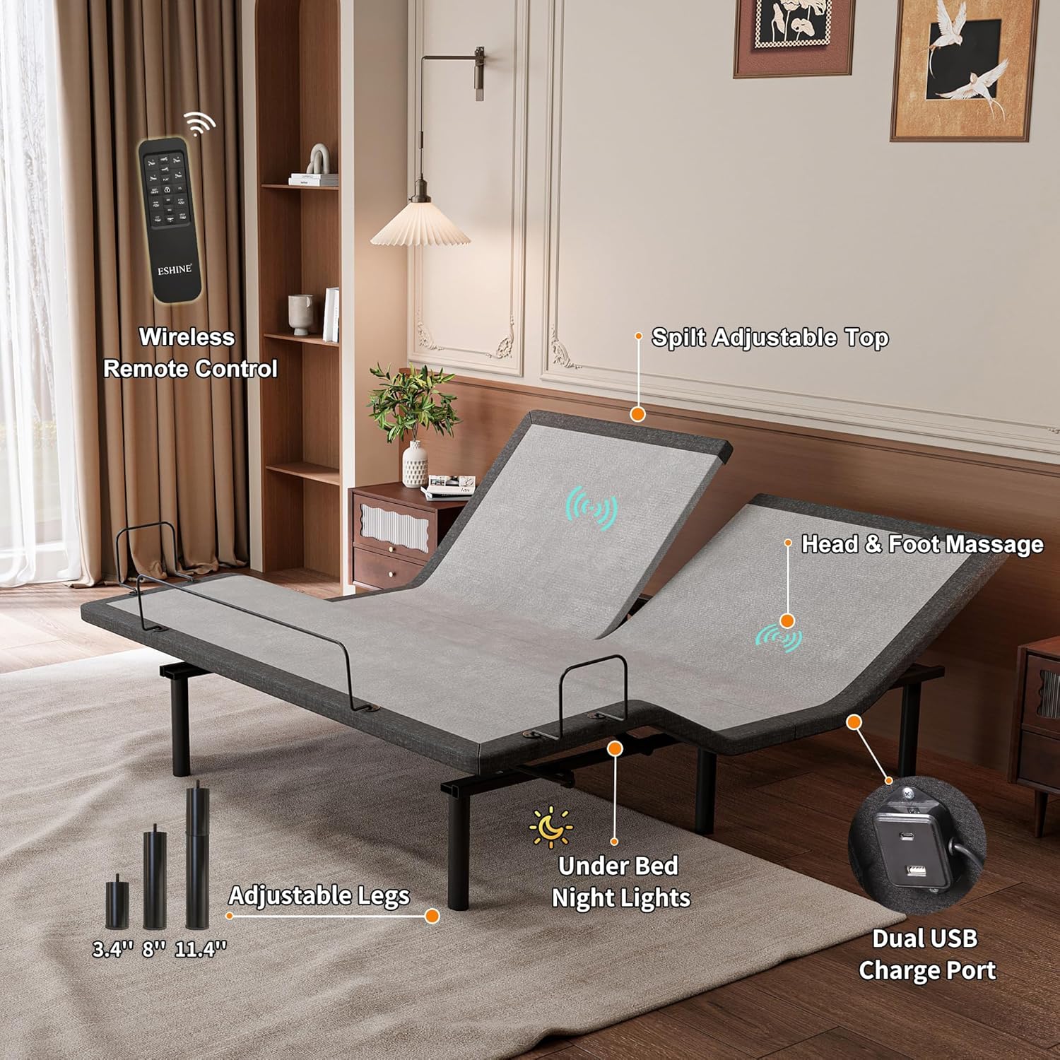 ESHINE Split Top King Adjustable Bed Frame with 14" Gel Memory Foam Mattress, Graphene Cover - Electric Upholstered Base, Massage Function, Wireless Remote, USB Ports, Under Bed Light, Grey