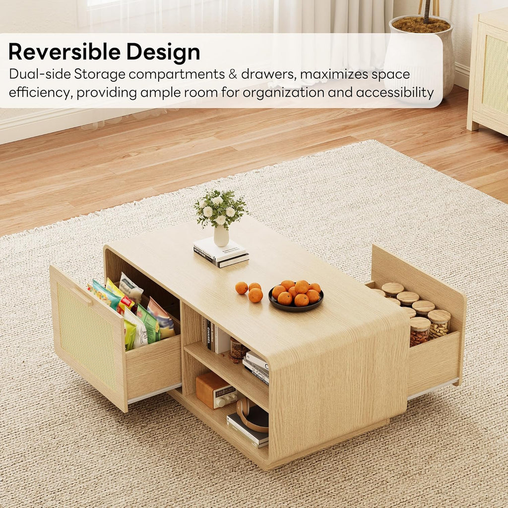 LIKIMIO 39.4" Rattan Coffee Table with Storage Drawers, Safety Curved Corners & 4-Tier Adjustable Shelves, Sturdy Base, Wood Center Table for Living Room, Natural