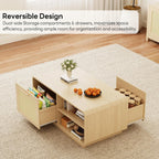 LIKIMIO 39.4" Rattan Coffee Table with Storage Drawers, Safety Curved Corners & 4-Tier Adjustable Shelves, Sturdy Base, Wood Center Table for Living Room, Natural
