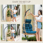 Yechen Hanging Egg Chair with Stand & Footrest, Foldable Wicker Rattan Swing Chair for Indoor Outdoor, Patio Hammock Chair with UV-Resistant Cushion, 350 lbs Capacity for Bedroom Porch Garden