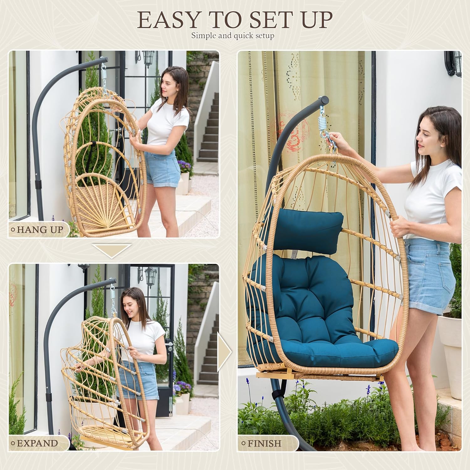 Yechen Hanging Egg Chair with Stand & Footrest, Foldable Wicker Rattan Swing Chair for Indoor Outdoor, Patio Hammock Chair with UV-Resistant Cushion, 350 lbs Capacity for Bedroom Porch Garden