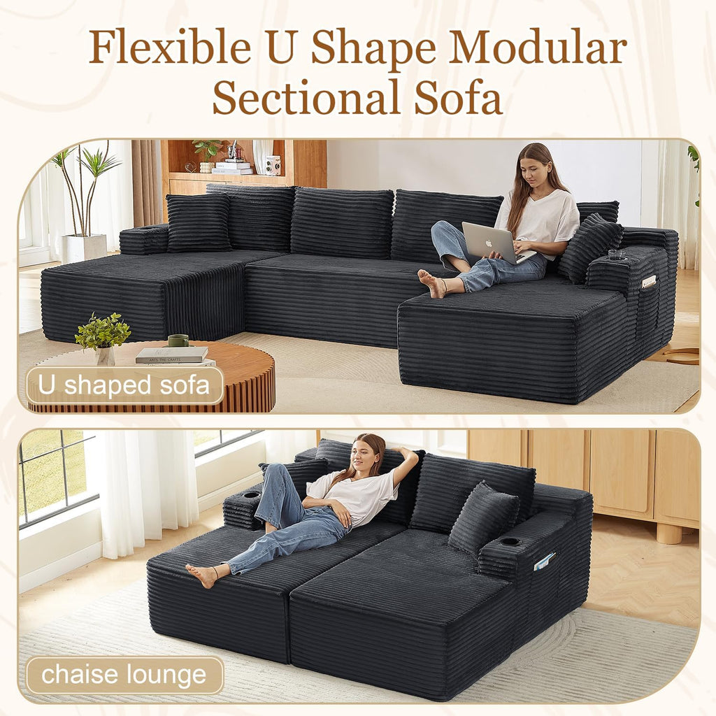 Modular Sectional Sleeper Sofa,134 Inch Boneless Cloud Couch for Living Room, U Shaped 5 Seat Sofa with 2 Storage Pockets& 2 Cup Holders, Free Combination, No Assembly Required (Dark Grey)