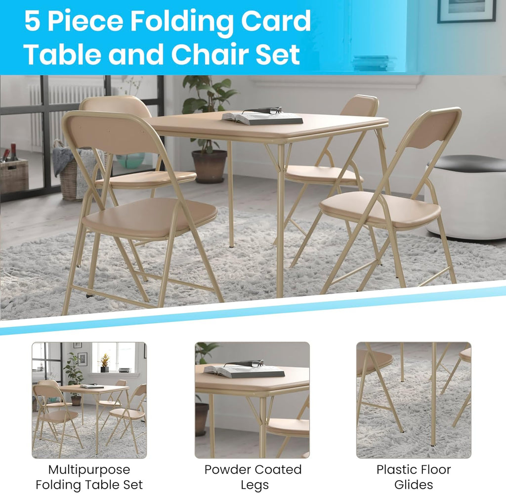 Flash Furniture Madison 5-Piece Folding Card Table and Chairs Set, Portable Event Table and Chairs Set for Indoor and Outdoor Gatherings, Tan