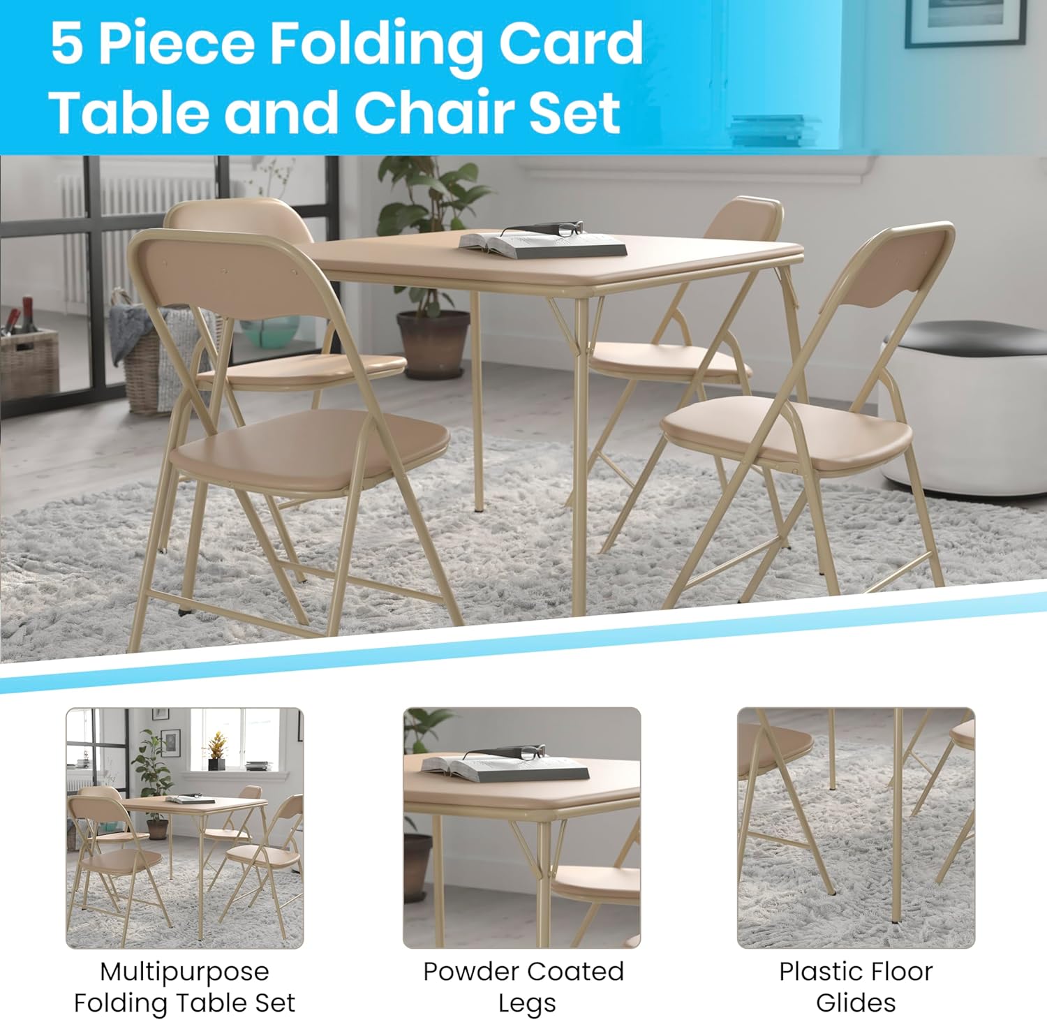 Flash Furniture Madison 5-Piece Folding Card Table and Chairs Set, Portable Event Table and Chairs Set for Indoor and Outdoor Gatherings, Tan