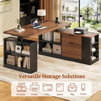 L Shaped Standing Desk Adjustable Height, 53" Electric Office Desk with File Drawers & Storage Shelves, Sit Stand Corner Computer Desk with Power Outlets, Pegboard, 6 Hooks, Black & Walnut