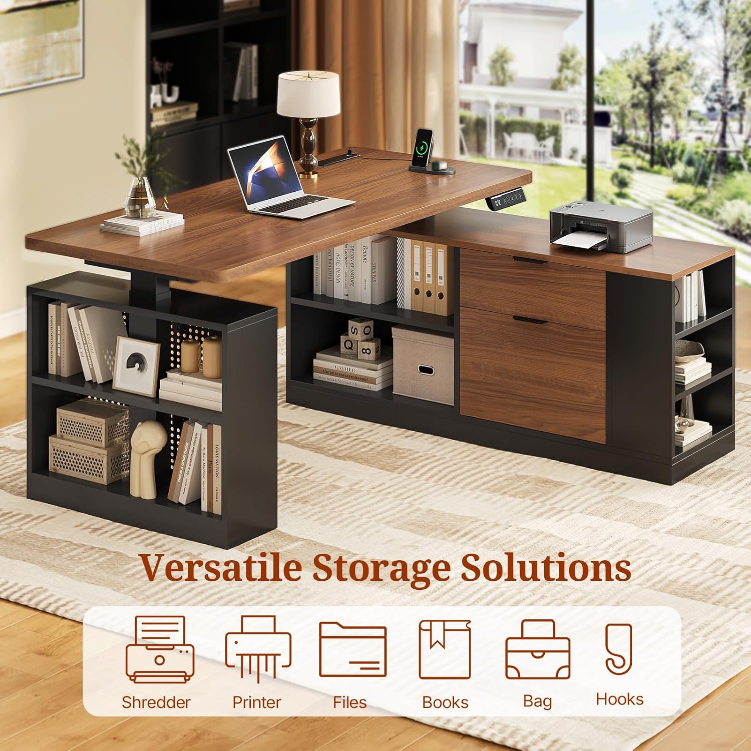 L Shaped Standing Desk Adjustable Height, 53" Electric Office Desk with File Drawers & Storage Shelves, Sit Stand Corner Computer Desk with Power Outlets, Pegboard, 6 Hooks, Black & Walnut