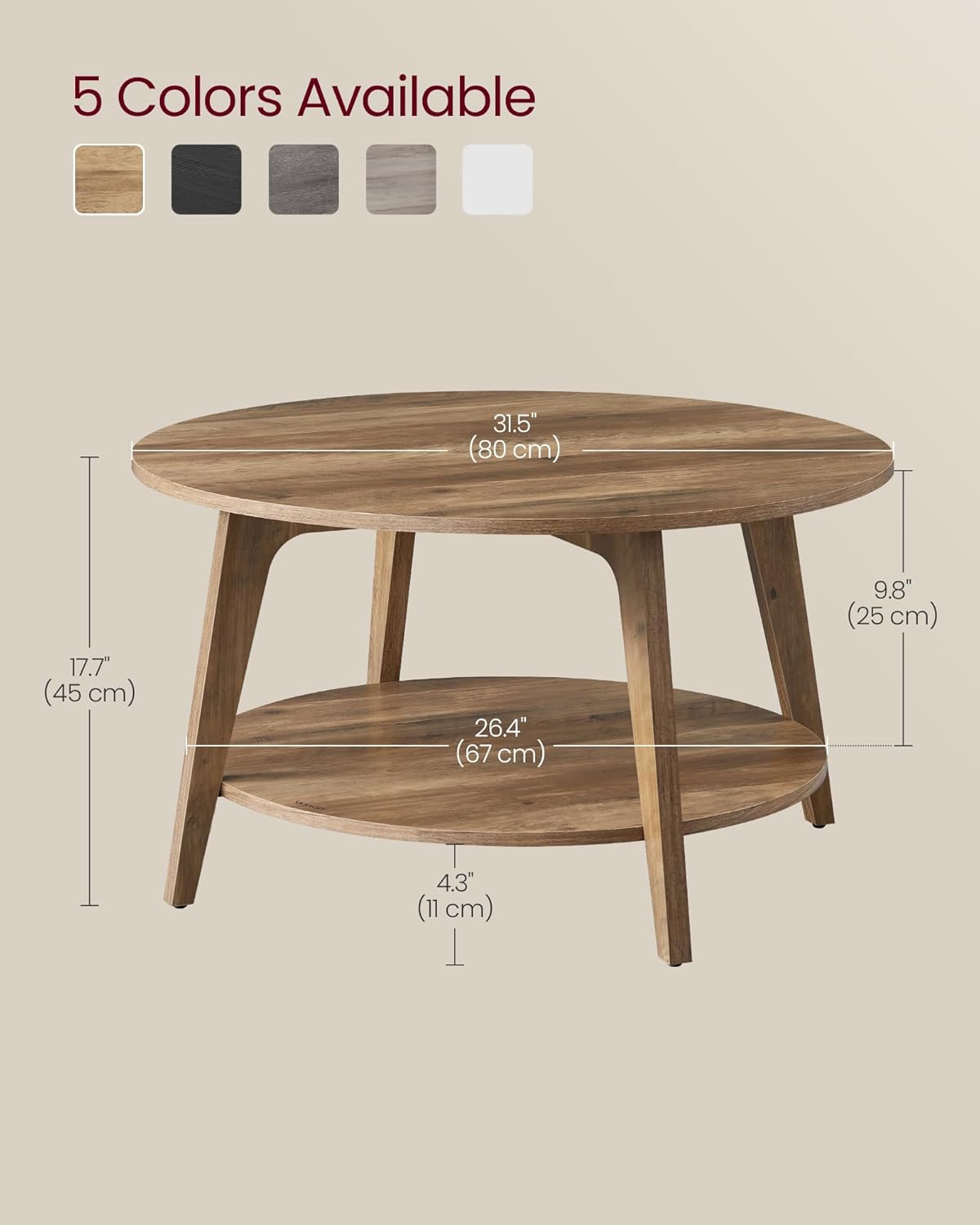 VASAGLE MAEZO Collection - Round Coffee Table, 2-Tier Center Table with Storage, Tapered Legs, Curved Transitions, 31.5 Dia. x 17.7 H Inches, Easy Assembly, for Living Room, Honey Brown ULCT243K41