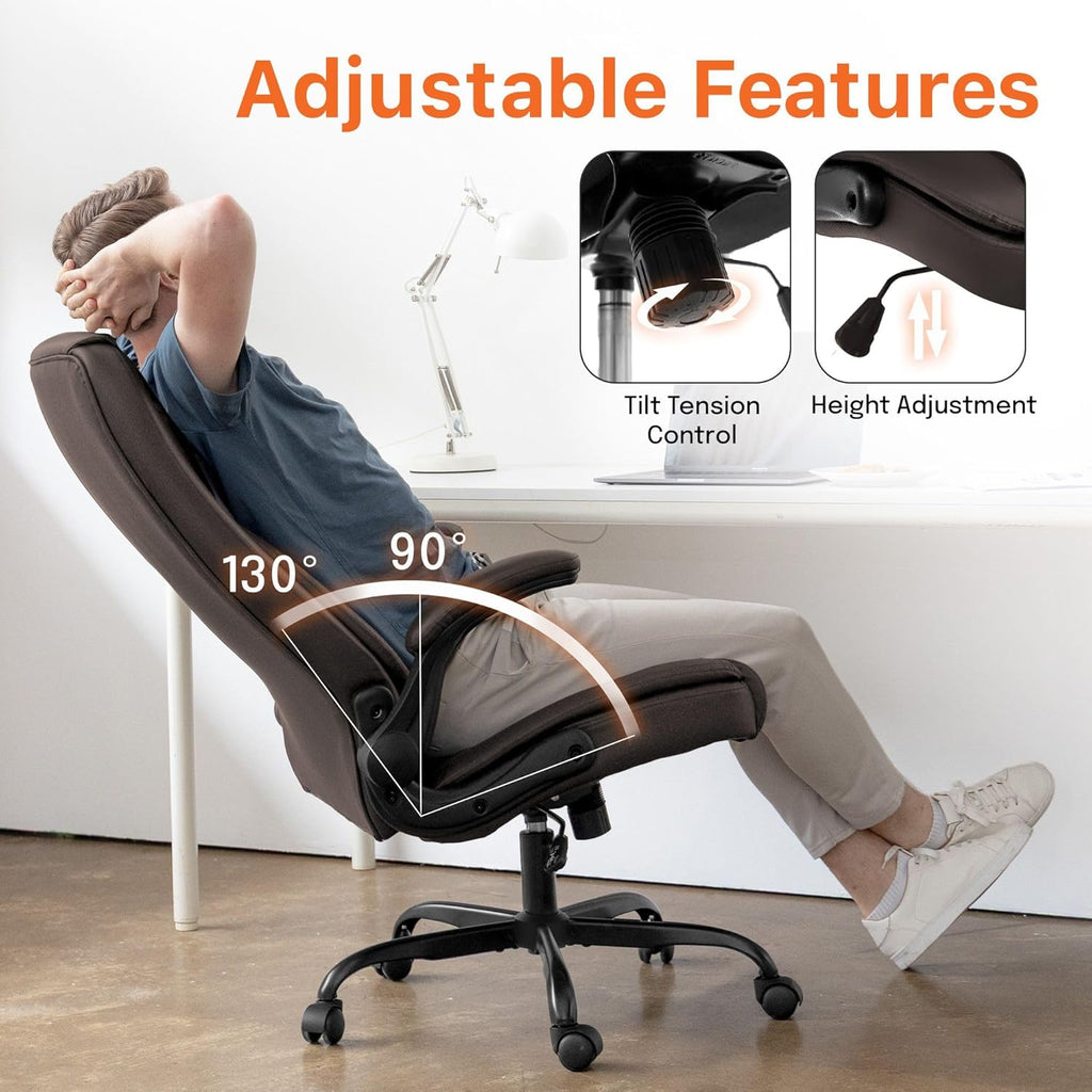 NEO CHAIR Office Desk Gaming Computer Home Chair Ergonomic Executive High Back Support Flip-up Arms Adjustable Height Swivel Rolling Wheels Comfy PU Leather (Brown)