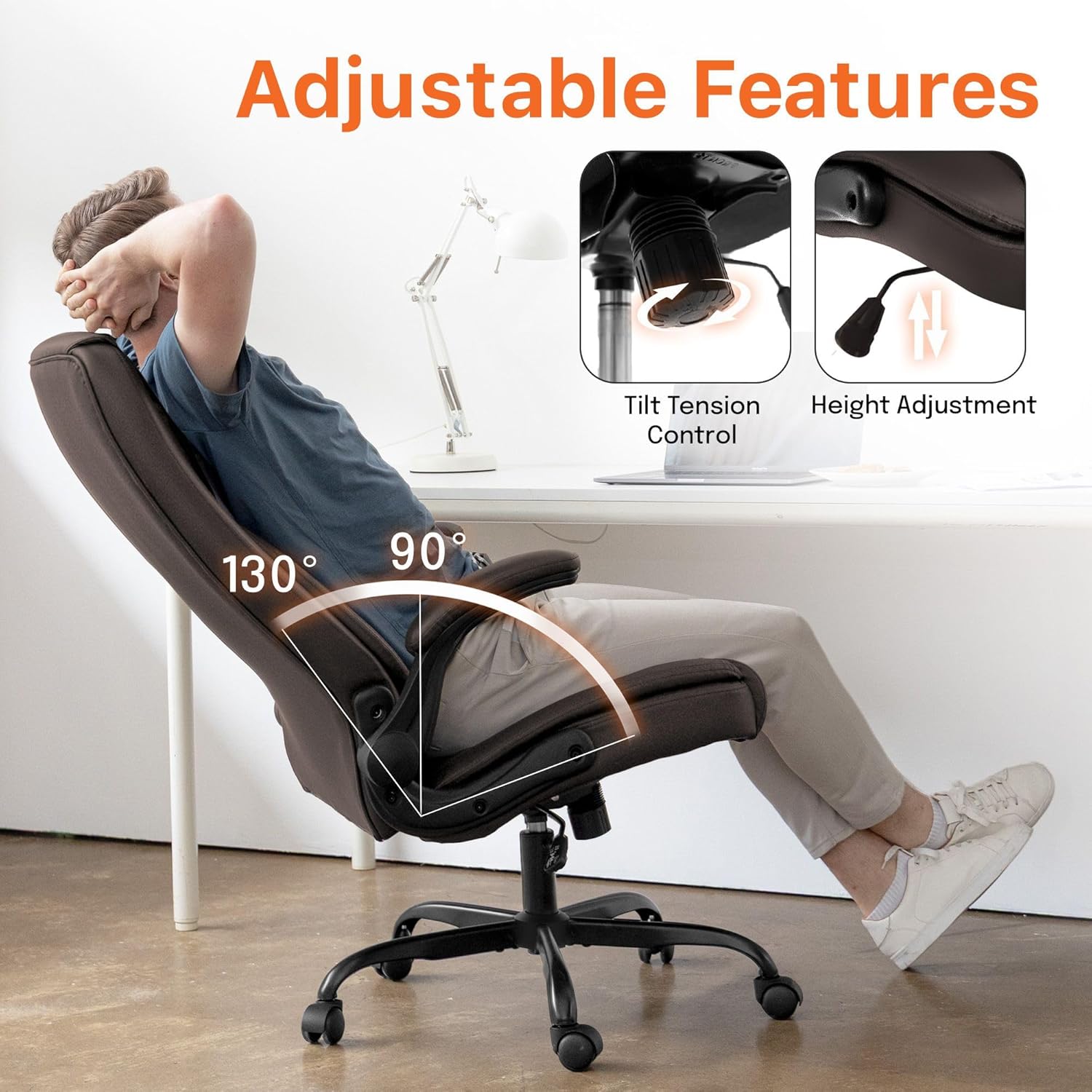 NEO CHAIR Office Desk Gaming Computer Home Chair Ergonomic Executive High Back Support Flip-up Arms Adjustable Height Swivel Rolling Wheels Comfy PU Leather (Brown)