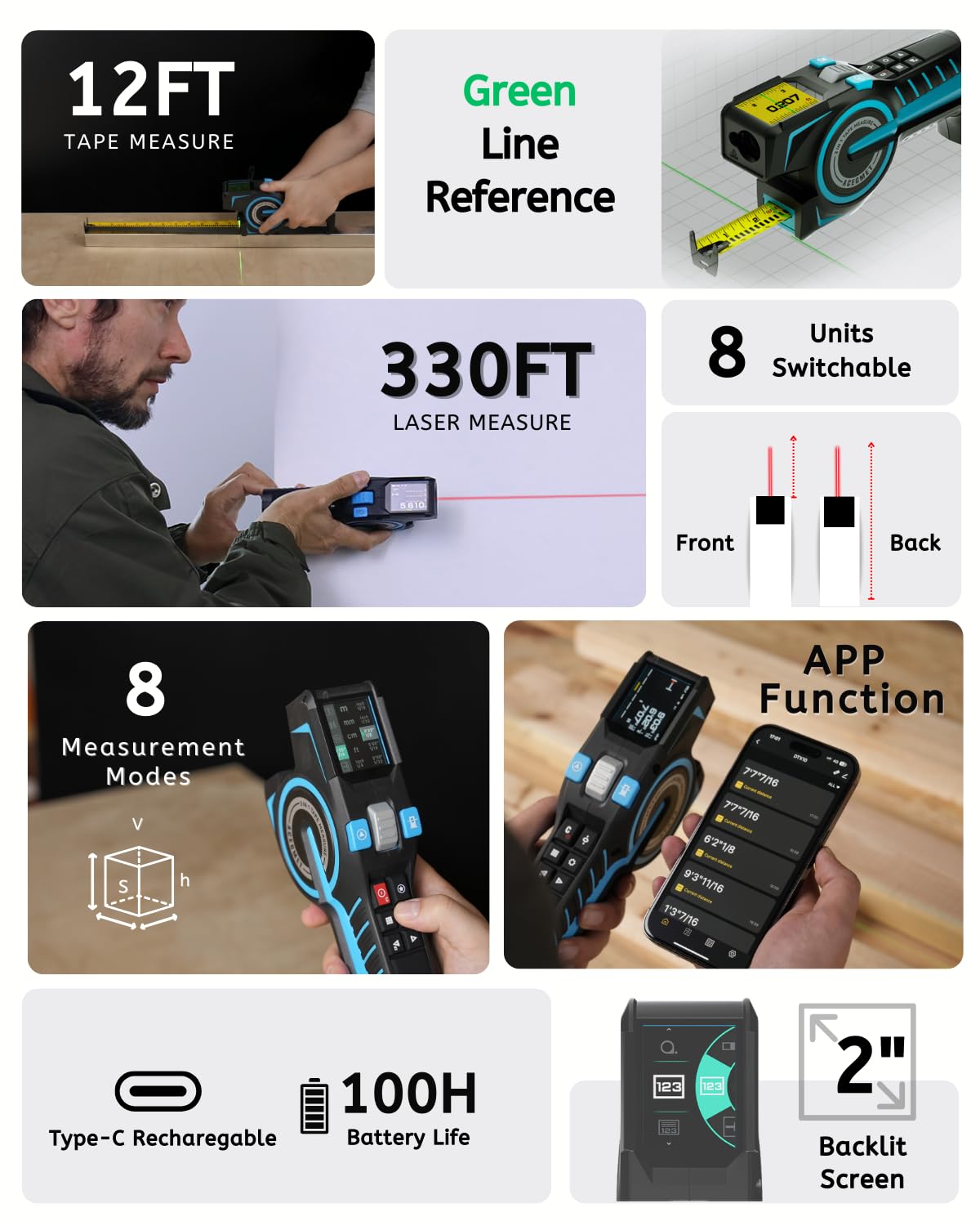 ACEGMET DTX10 digital Laser Tape Measure with Green Alignment Laser, 330Ft Laser Range & 12Ft Steel Tape, High Precision USB-C Rechargeable Smart APP Sync, Measuring Tool for Renovation & Construction