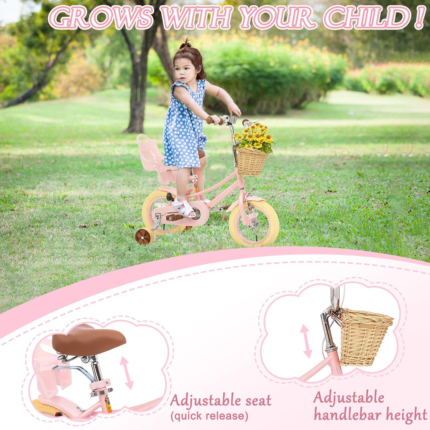 Glaf Kids Toddler Bike 12 14 16 20 Inch Girls Bike with Training Wheels Age 2-12 Years Old Toddler Girls Bike with Basket and Doll Seat Adjustable Seat