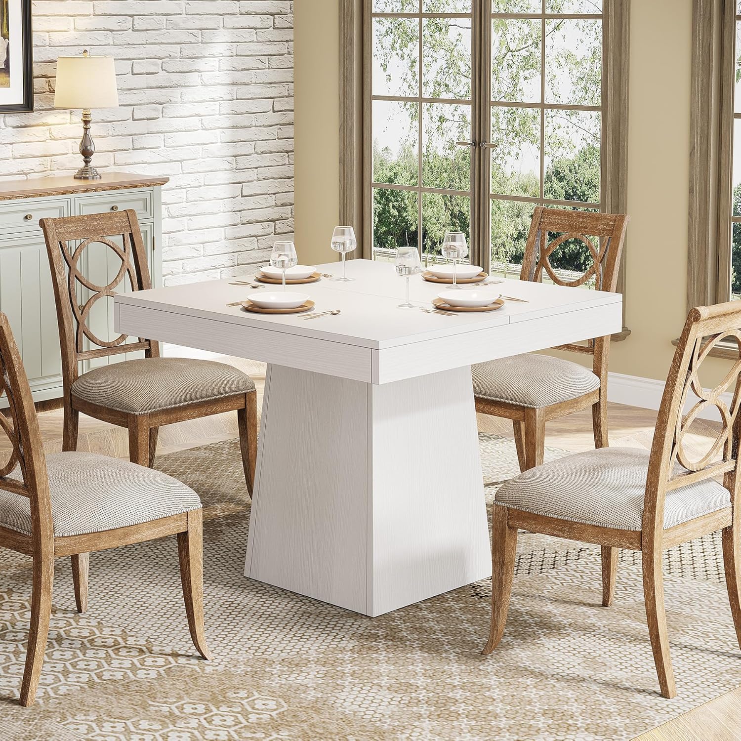 Tribesigns Square Dining Table for 4, 31.5-Inch Small Kitchen Table with Sturdy Pedestal Base, Farmhouse Dinner Table for Dining Room, Living Room, Kitchen, White